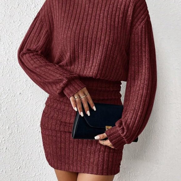 Women's Ribbed Knit Sweater Dress Long Lantern Sleeves Turtleneck Mini - Picture 2 of 5